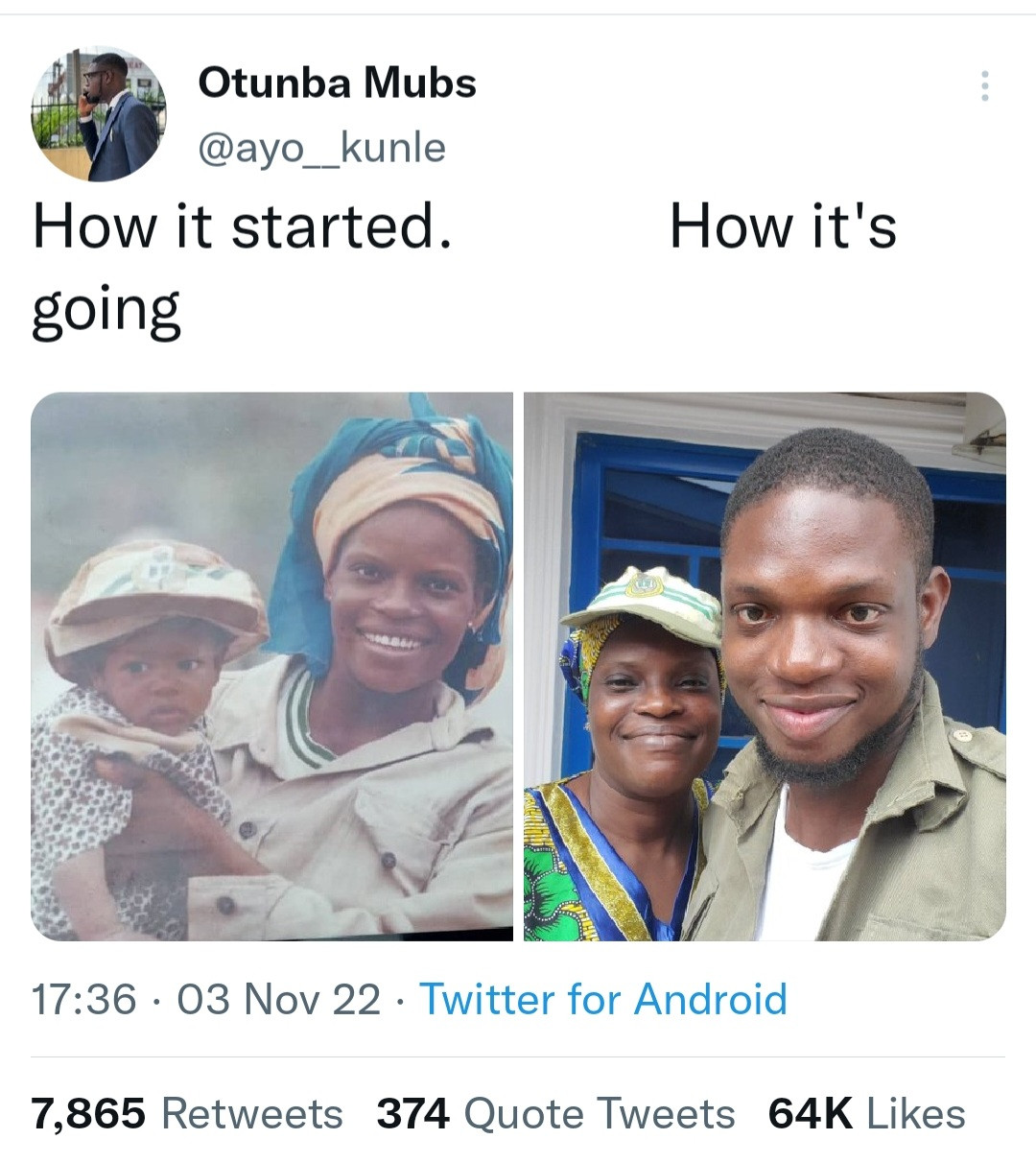 A corps member replicates the photo of his mother and him that was taken while she was a corps member.